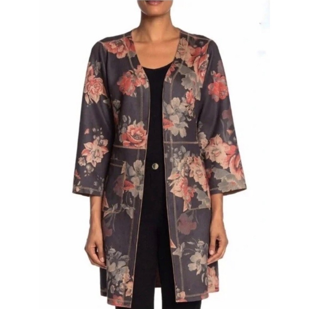 Philosophy Republic‎ Clothing Floral Faux Suede Duster Jacket XL Charcoal Orange